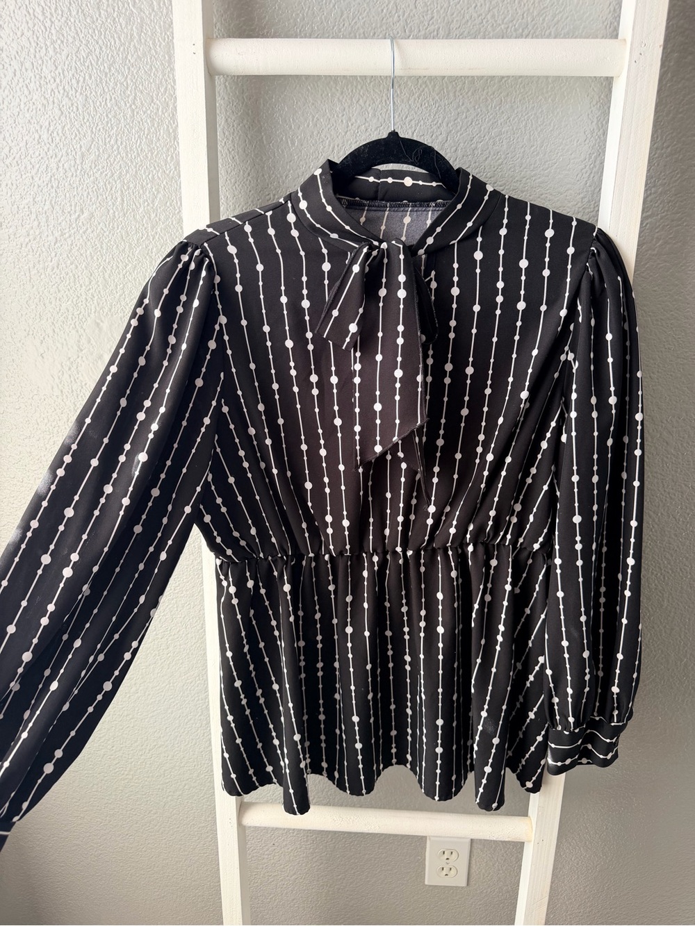 Black and White Dot-Stripe Tie-Neck Blouse